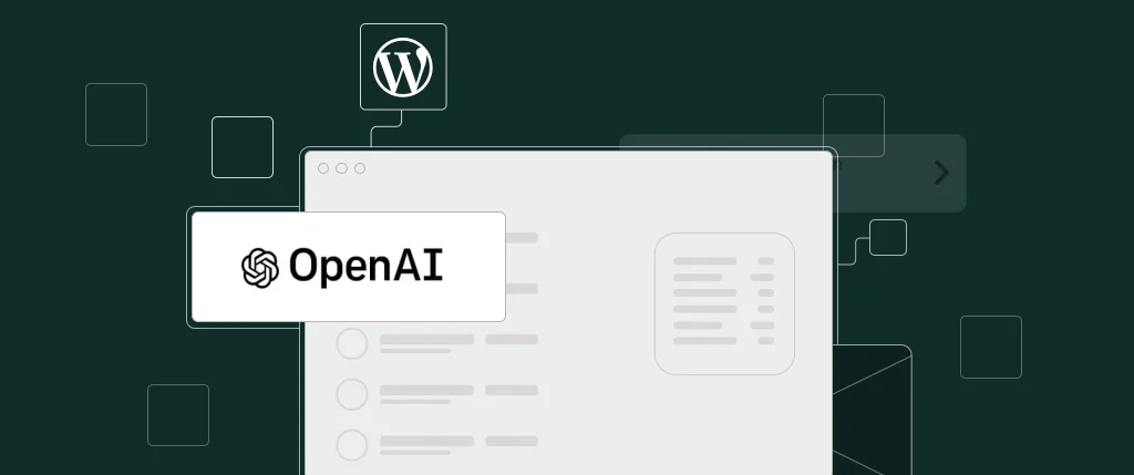 A green banner image showing a web interface, WordPress logo and OpenAI