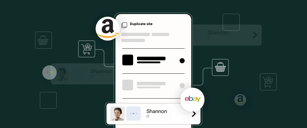 A phone interface showing shopping carts and big ecommerce logos including ebay and amazon